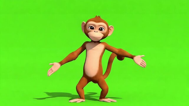 Cute 3D Cartoon Monkey Dancing and Clapping Hands on Green Screen Background
