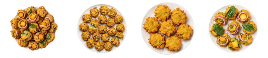 Overhead view of four plates with different types of fried indian snacks arranged neatly on them on transparent background