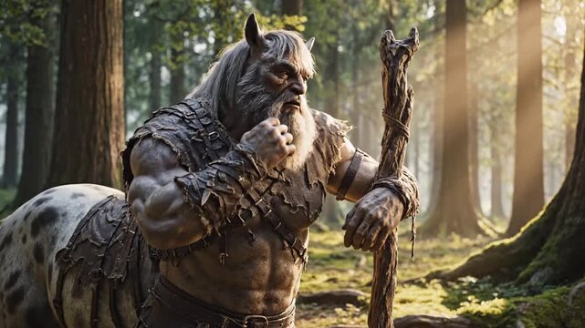 A mystical centaur with horns and a long beard holds a staff in a forest with dappled sunlight