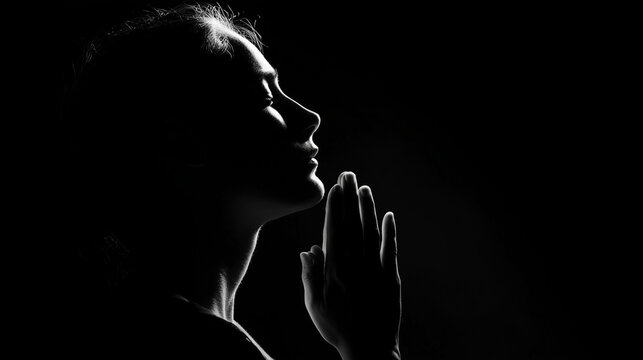 Silhouette of a woman praying with hands pressed together at sunset, expressing faith, hope, spirituality, and peaceful devotion in a serene atmosphere.