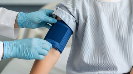 Child’s torso in hospital gown with practitioner’s gloved hands adjusting blood pressure cuff on upper arm, neutral clean medical concept
