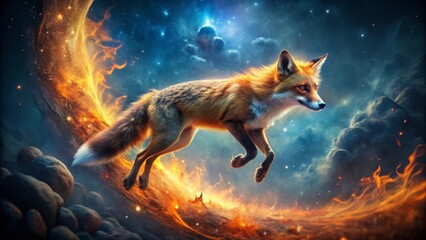 Fototapeta premium A Fiery Red Fox Leaps Across a Celestial Landscape of Burning Embers and Sparkling Stardust