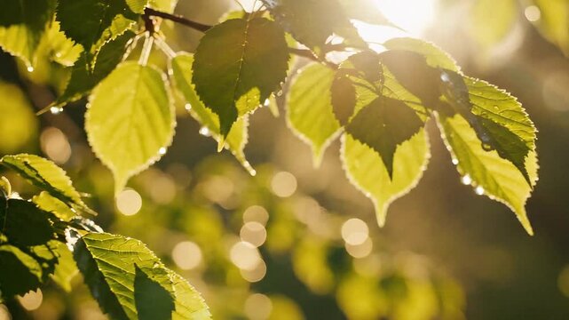 Fresh green and yellow autumn leaves on a birch tree branch glow in the bright sun, showcasing the seasonal change of forest foliage in a closeup nature environment