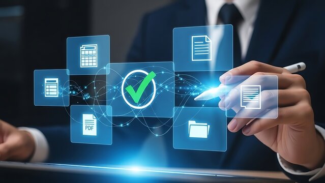 Professional validates digital documents using advanced data management technology