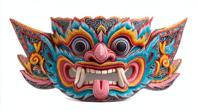 Vibrant hand painted Phi Ta Khon mask from Thailand, featuring bold colors and intricate details, representing traditional folklore and festive cultural heritage.