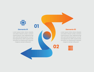 Arrow base infographic with gradient style with smooth arrow flip ribbon badge with opposite direction up and bottom with 2 elements stages