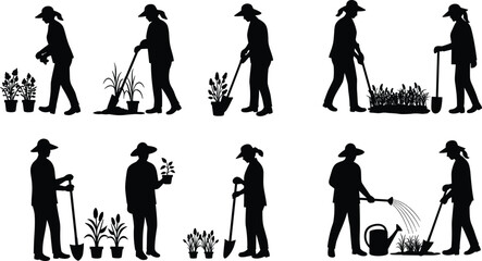 Obraz premium Silhouette illustration of people gardening, planting flowers and watering plants, using garden tools, agriculture and farming work vector design, isolated concept