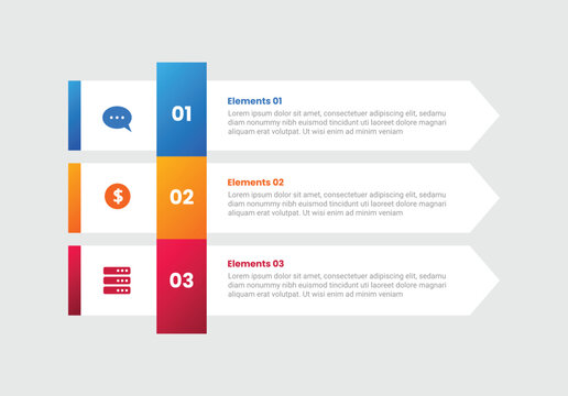 Arrow base infographic with gradient style with long rectangle box stacked list vertical with ribbon badge with 3 elements stages