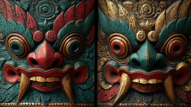 Vibrant traditional Balinese carved demon masks with intricate details, bold colors, and expressive faces, showcasing rich Indonesian culture and craftsmanship.