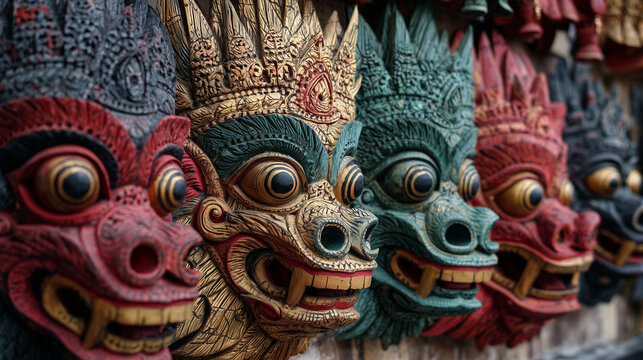 Vibrant traditional Balinese carved demon masks with intricate details, bold colors, and expressive faces, showcasing rich Indonesian culture and craftsmanship.