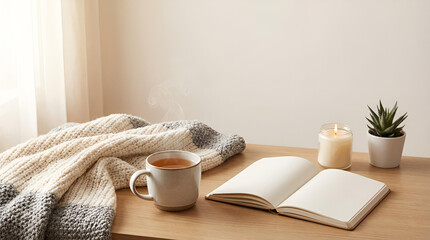 冬のセルフケアとメンタルヘルスを表現する温かい室内デスクの静物、ハーブティーと日記とブランケット、広告に使える広いコピースペース付き -生成AI