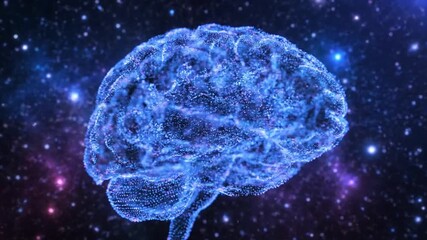 A futuristic brain is illuminated in blue against a cosmic background with stars and galaxies visible in the distance.