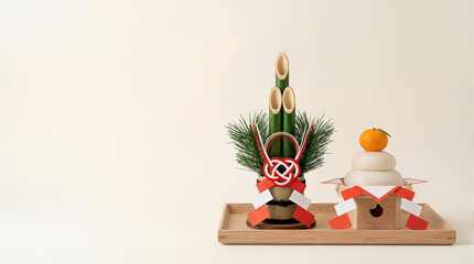 現代ミニマルなお正月和風静物セット（門松と鏡餅と紅白小物）、年賀状や新年キャンペーンに使える余白たっぷりのスタジオ撮影風 -生成AI