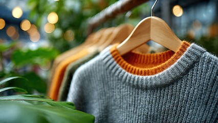 Fototapeta premium Cozy sweaters hanging on wooden hangers in soft natural light