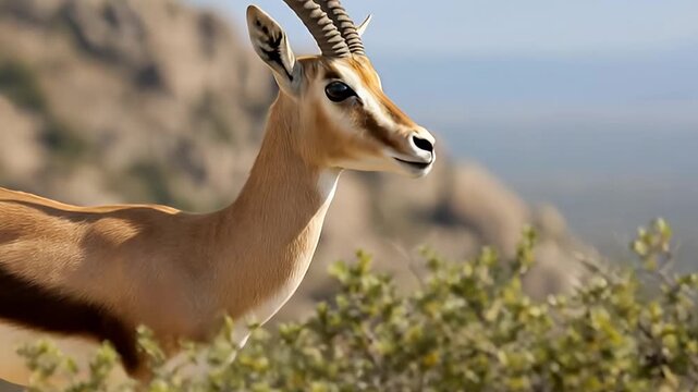 A captivating close-up shot features a magnificent antelope, possibly a gazelle, with striking ringed horns, standing alert amidst an arid, rocky landscape under the clear sky. Its light brown coat bl