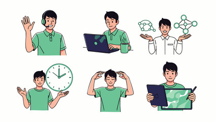 Set of illustrations depicting a person in various work-related scenarios, including communication, technology, and problem-solving.