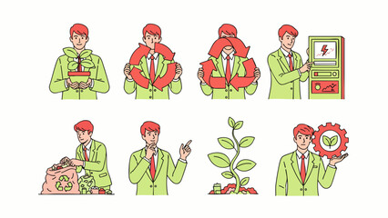 Man demonstrates eco-friendly practices: recycling, planting, sustainable energy, and environmental care