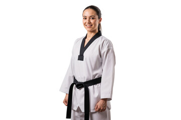 Smiling young woman in taekwondo uniform with black belt, isolated on transparent background