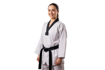 Smiling young woman in taekwondo uniform with black belt, isolated on transparent background