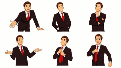 Set of six cartoon illustrations of a businessman in a suit and tie, showing different poses and expressions for business concepts.