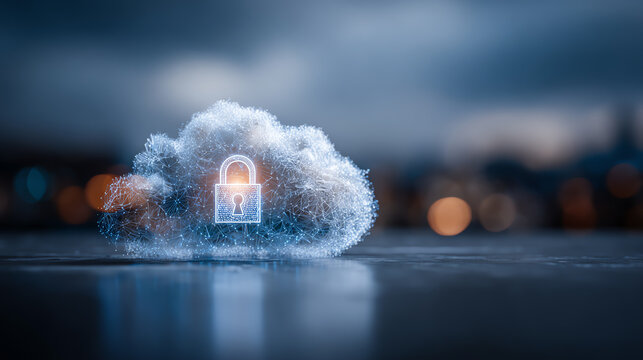 A digital cloud symbol with a padlock, representing modern data security and cloud computing advancements. - Powered by Adobe