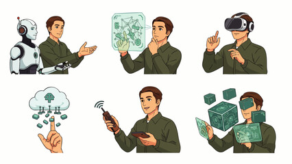 Illustrations of future technology concepts: AI, VR, AR, cloud computing, IoT, and human interaction. Digital innovation, advanced solutions.