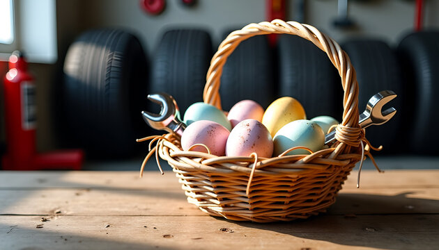 Wicker basket with pastel Easter eggs on wooden table amidst mechanic tools and tires in garage, blending spring festivity with automotive ambiance. Easter promotions, auto shop ads, seasonal business
