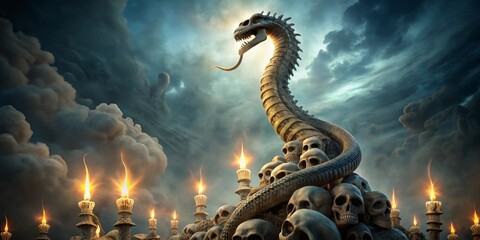 Obraz premium A Serpent's Coil of Skulls, Illuminated by Glowing Candles Beneath a Stormy Sky