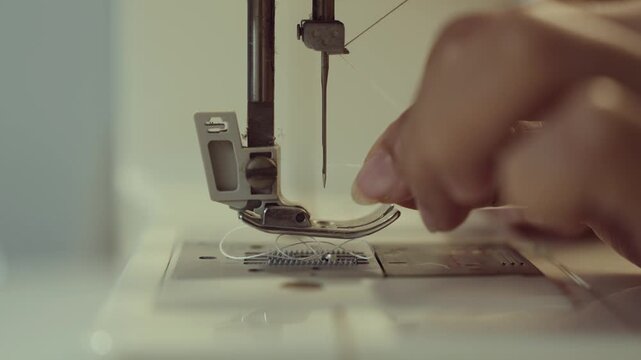 Woman clothing designer sews fabrics on a sewing machine. Needlework and handmade hobby. Selective focus.