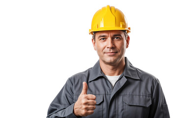 Smiling construction worker giving a thumbs-up, isolated on white background, png