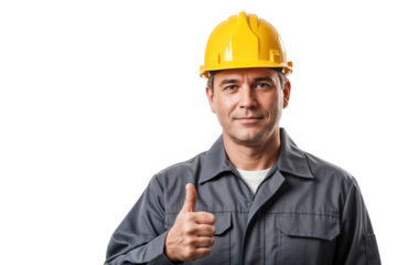 Smiling construction worker giving a thumbs-up, isolated on white background, png