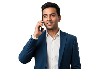 Smiling Indian professional man in a blue suit talking on a smartphone, representing business communication, isolated on transparent background