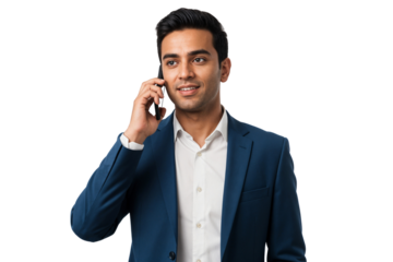 Smiling Indian professional man in a blue suit talking on a smartphone, representing business communication, isolated on transparent background