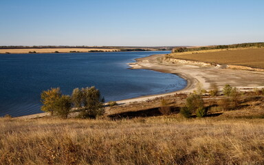 A beautiful landscape of the Volga River bank near the village of Klimovka in the Samara region on an autumn day