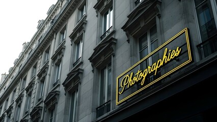 Obraz premium A neon sign for a photography studio on an old european building facade