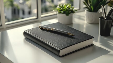 Fototapeta premium Black Leather Notebook Pen Window View Office Desk