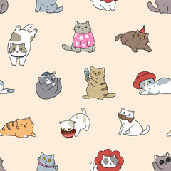 Seamless Pattern with Cute Cartoon Cat Design on Beige Color Background. Hand Drawn Vector Illustration.