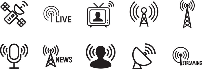 Broadcast icon set with flat outline style for media, radio, TV, streaming, vector EPS.
