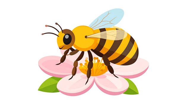 A cartoon bee, with yellow and black stripes, alights on a delicate pink flower with green leaves, rendered in a simple, bright style - Powered by Adobe