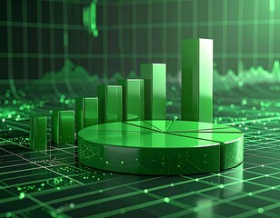Glossy green financial charts and graphs against a futuristic background