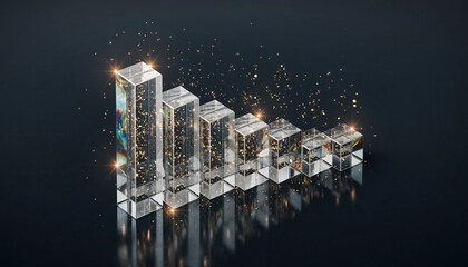 Descending abstract bar graph showing decline in clear cubes with sparkles