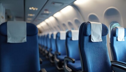 Empty blue airplane seats arranged in rows. Cabin interior with overhead lights and windows visible. Economy class section without passengers.