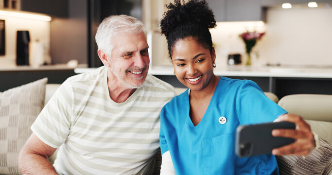 Selfie, old man or caregiver on sofa with smile, connection or memory together in retirement care. Trust, senior or people in house with bonding, happiness or moment capture in assisted living.