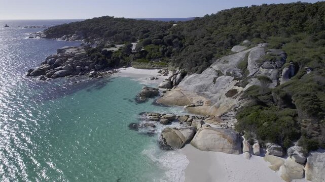 Sloop Rock Lookout And Surroundings In Binalong Bay, Tasmania, Australia - Aerial Pullback