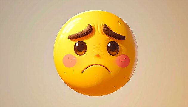 A cartoonish, shiny, yellow sphere with a sad facial expression, featuring downturned mouth, arched eyebrows, and rosy cheeks