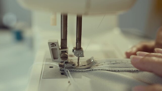 Woman clothing designer sews fabrics on a sewing machine. Needlework and handmade hobby. Selective focus.