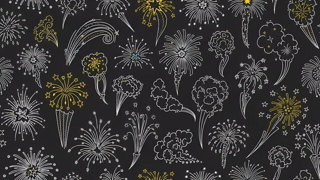 Artistic fireworks background with a seamless festive celebration doodle pattern on dark black - Powered by Adobe