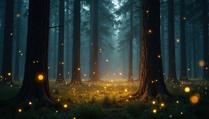 Dark forest at night with bright glowing fireflies. Tall trees create magical, mysterious atmosphere. Rich green ground cover illuminated by soft bokeh lights.