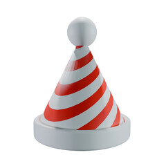 A 3D-rendered party hat, red and white striped, sits centered, topped with a white pom-pom; bright, cheerful, and isolated on white.

