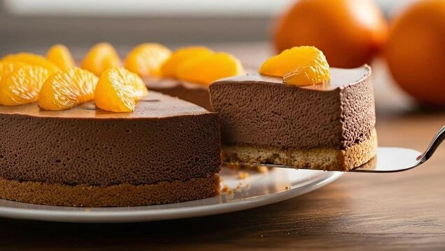 Delicious Chocolate Cake Topped with Fresh Mandarin Orange Slices.